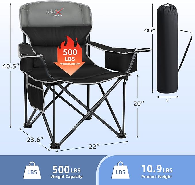 Oversized Folding Camping Chair, Heavy Duty Support 500LBS Outdoor Chair with Cup Holder Storage and Cooler Pouch, Collapsible Padded Arm Chair for Sports Garden Beach Fishing, Black