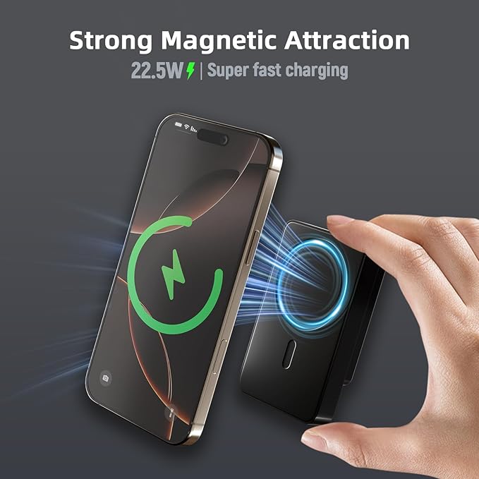 Magnetic Power Bank, 10000mAh Magnetic Portable Charger, 22.5W Wireless Power Bank, USB-C Fast Charging, LED Display Magnetic Battery Pack, Compatible for iPhone 17/16/15/14/13 Pro/Pro Max/Plus(Black)