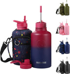 64 Oz Insulated Water Bottle with Strap Stainless Steel Sports Water Bottle with 3 Lids (Straw, Chug and Flip Lid) Leak Proof Metal Half Gallon Jug for Men & Women - Red Fusion