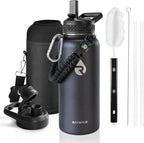 Insulated Water Bottle 32 oz, Triple Wall Vacuum Stainless Steel (Cold for 48 Hrs), Leak Proof & Non-BPA, Modern Water Flask Jug with Paracord Handle & Straw Spout Lids, Magic Black