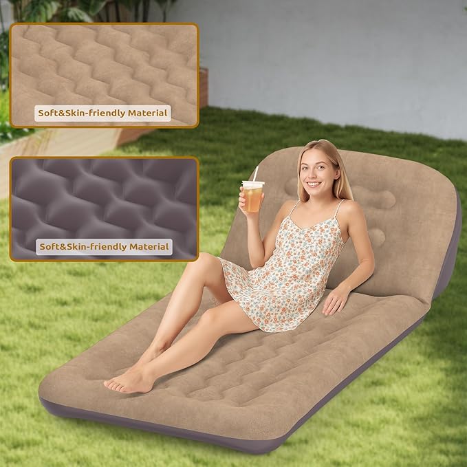 Inflatable Camping Air Mattress with Adjustable Backrest-Inflatable Lounge Sofa Chair Single Portable Bed for Home or Outdoor Relaxing