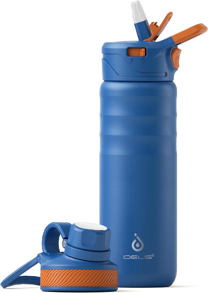 IDEUS Insulated Stainless Steel Water Bottle with 2 Leak-Proof Lids, Thermal Water Flask for Hiking Biking, 24oz, Bright Blue