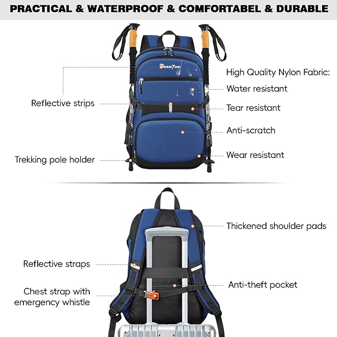 Seektop 40L Hiking Backpack Foldable Daypack for Women Men, Lightweight Travel Backpack Carry on Flight Approved Work Business Leisure Bag (Blue)