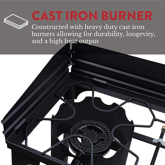 Gas One Propane Double Burner Two Burner Camp Stove with Windscreen Outdoor High Pressure Propane 2 Burner Adjustable PSI Regulator and 4ft Steel Braided Hose With Removable Legs