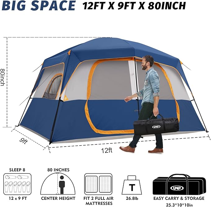 UNP 2/4/6/8 Person Tent, Portable Cabin Tent, Camping Tent 4-Person Easy Set Up, Waterproof with Top Rainfly for Outdoor Camping/Hiking