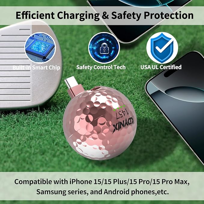 2000mAh Creative Golf Ball Power Bank, Emergency Mini Power Portable Charger USB-C, Compatible with iPhone15,16，17,15 Plus,15 Pro Max, Gift for Golf Lover Men Women (Rose Gold Power Bank)