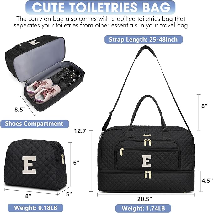 Initial Travel Duffle Bag for Women - Black Personalized Weekender bags Overnight Bag with Shoe Compartment & Wet Pocket Weekend Tote Bags with Toiletry Bag Monogram Christmas Gift (Letter E)