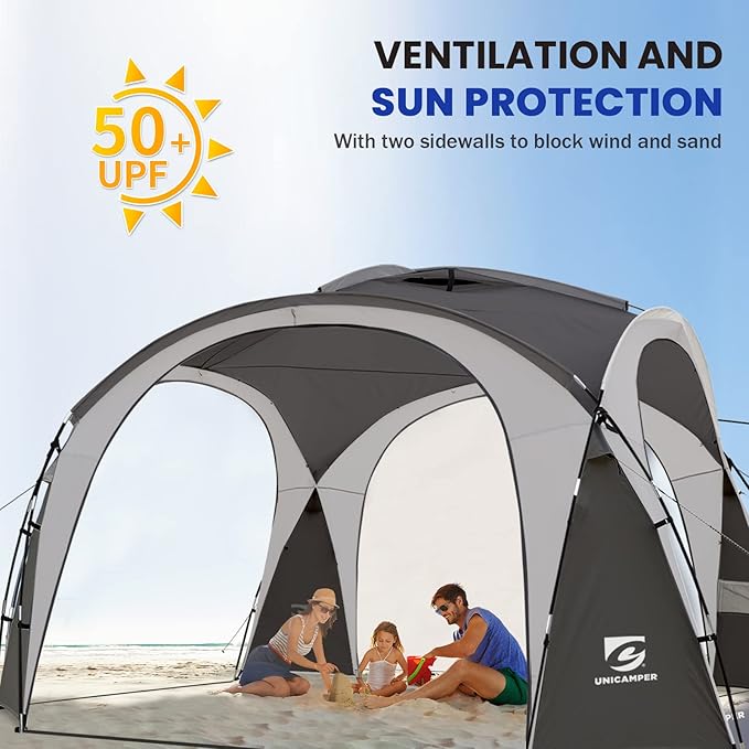 Beach Tent 12 X 12ft Large UPF50+ Pop Up Canopy with 2-Pcs Side Wall, Sun Shelter Rainproof, Waterproof for Camping Trips, Backyard Fun, Fishing, Parties, Or Picnics(Gary)