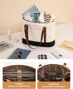 LOVEVOOK Laptop Bag for Women, Work Tote Computer Bag With Large Cup Holder, Lightweight Large Laptop Briefcase, Beige-Brown-Black, 17.3 Inch