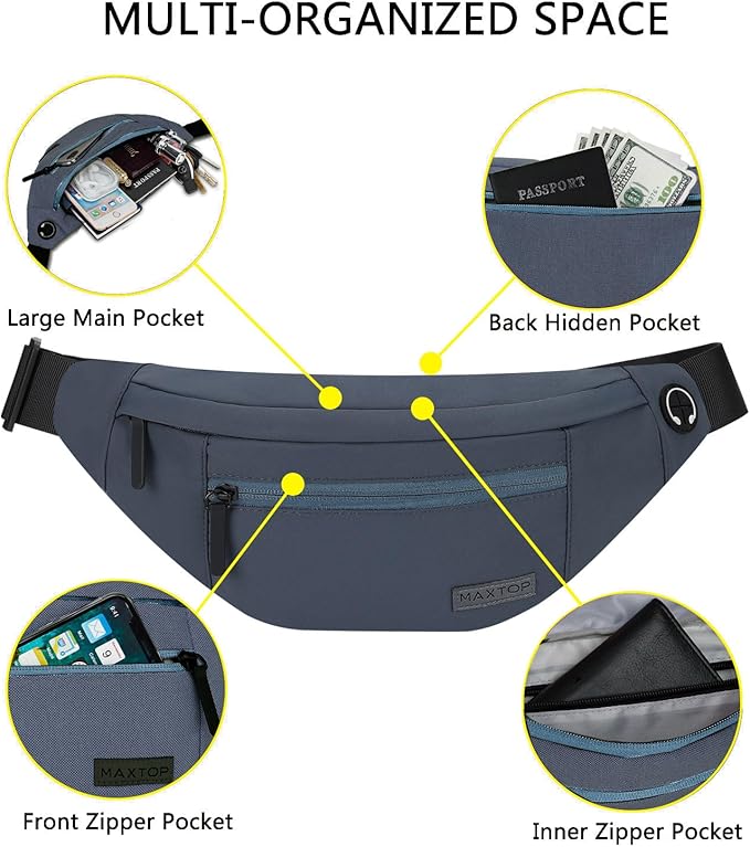 MAXTOP Large Crossbody Fanny Pack with 4-Zipper Pockets,Gifts for Enjoy Sports Festival Workout Traveling Running Casual Hands-Free Wallets Waist Pack Phone Bag Carrying All Phones