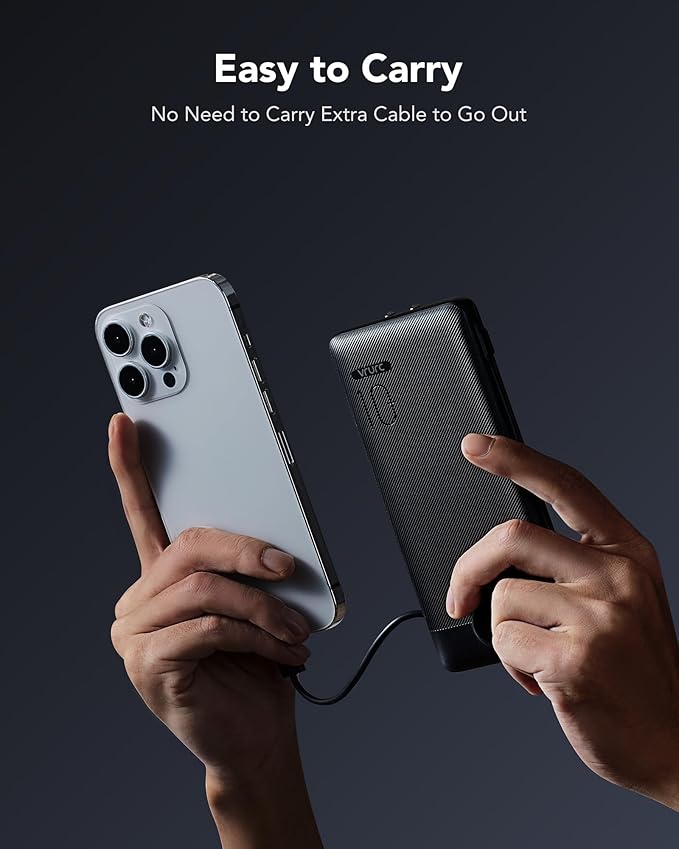 VRURC Portable Charger with Wall Plug, 10000mAh Slim Portable Charger Built in Cables,PD 20W Fast Charging Power Bank with Cords,USB C Portable Phone Charger Travel Accessories -Black(1 Pack)