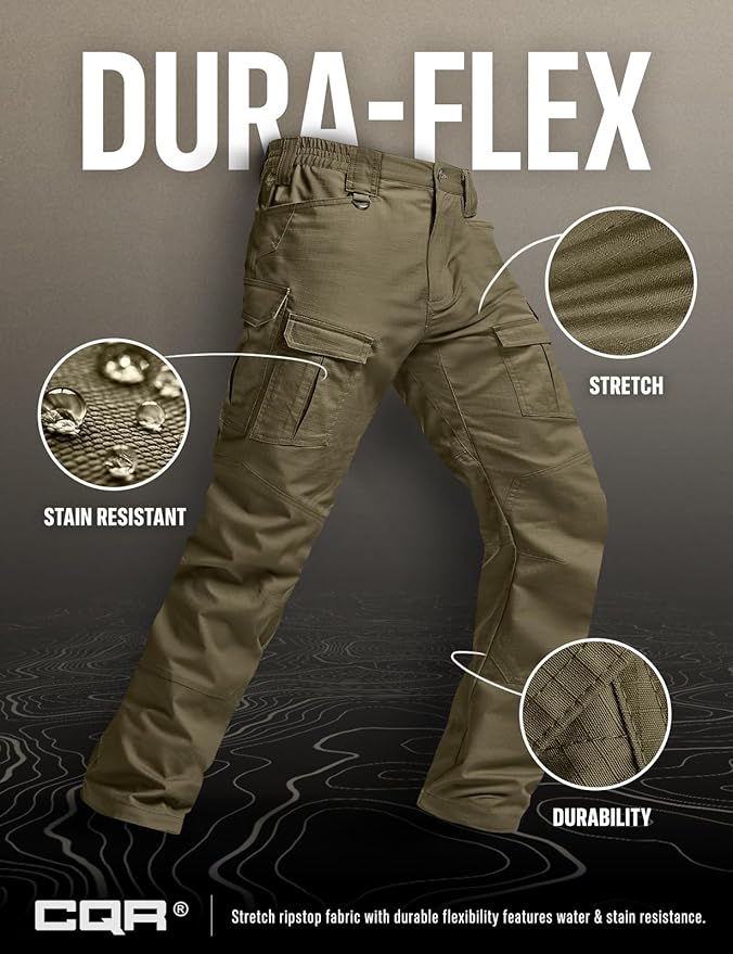 CQR Men's Flex Ripstop Tactical Pants, Water Resistant Stretch Cargo Pants, Lightweight EDC Hiking Work Pants