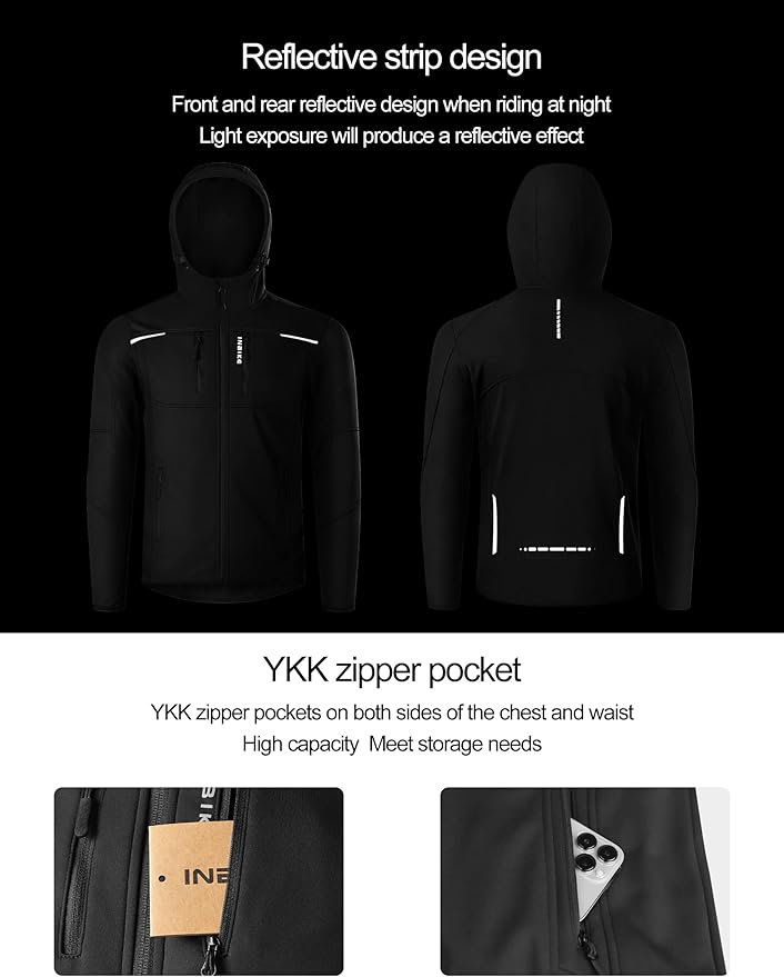 INBIKE Hooded Cycling Bike Jacket Men Running Biking Windbreaker Reflective Windproof Thermal Fleece Lined Bicycle Coat