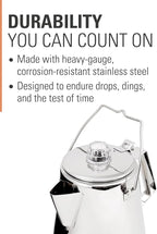 GSI Outdoors Percolator Coffee Pot I Glacier Stainless Steel Ultra-Rugged for Brewing Coffee Over Stove and Fire | Ideal for Group Camping, 14 Cup