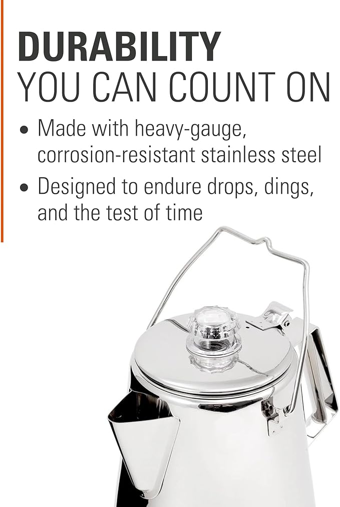 GSI Outdoors Percolator Coffee Pot I Glacier Stainless Steel Ultra-Rugged for Brewing Coffee Over Stove and Fire | Ideal for Group Camping, 14 Cup