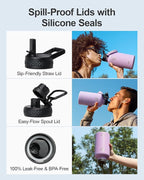 64 oz Insulated Water Bottle,Half Gallon Water Flask Stainless Steel Vacuum, Cold for 48 Hrs,BPA-Free & Leakproof -with Paracord Handle, Strap,Straw Spout Lids,Large Jug for Gym,Purple