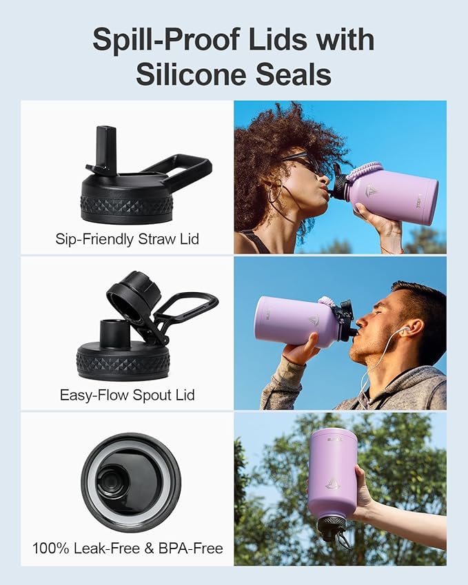 64 oz Insulated Water Bottle,Half Gallon Water Flask Stainless Steel Vacuum, Cold for 48 Hrs,BPA-Free & Leakproof -with Paracord Handle, Strap,Straw Spout Lids,Large Jug for Gym,Purple