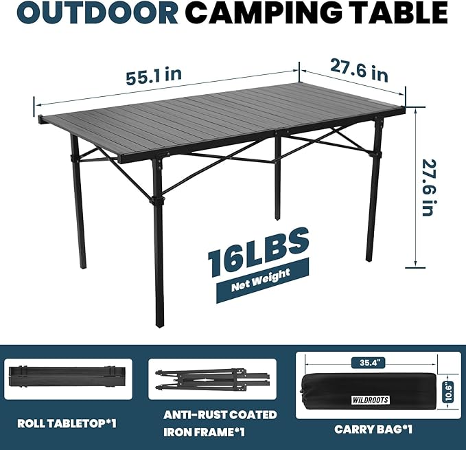 WILDROOTS Folding Camping Black Table with Carry Bag, Roll Up 4-6 People Portable Camp Square Tables for Picnic, Cooking, Beach, Travel, BBQ (XL