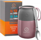 ENERGIFY Vacuum Insulated Food Jar. Large 17oz Bowl incl. Folding Spoon, Cup. Wide Mouth Keep Hot & Cold Drinks Soup Lunch Container for Adults. BPA-Free Stainless Steel, Leak Proof Rose Gold