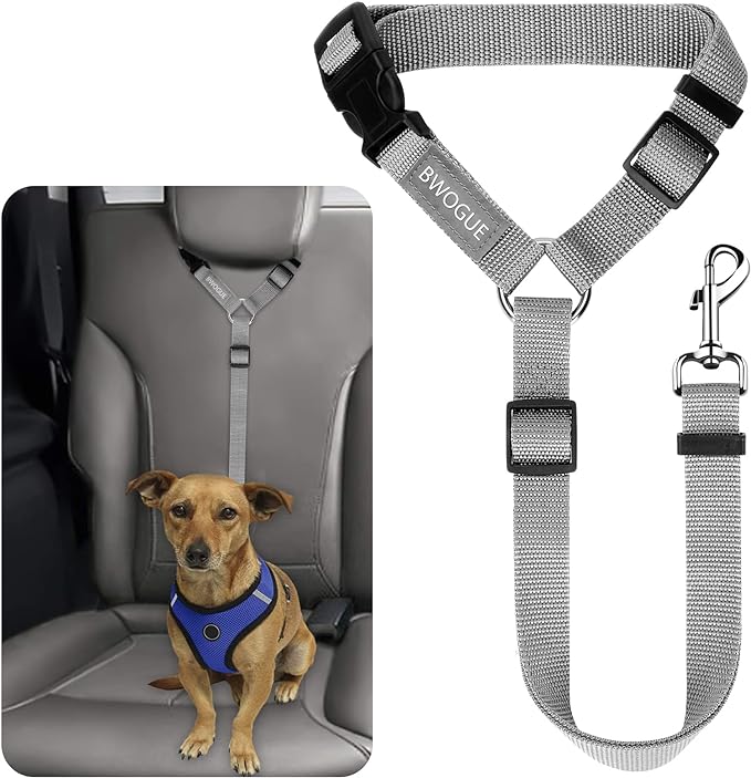 BWOGUE Pet Dog Cat Seat Belts, Car Headrest Restraint Adjustable Safety Leads Vehicle Seatbelt Harness (1 Pack, Grey, Not Elastic)