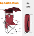 Camping Chair, Oversized Folding Chair with Canopy, Portable Outdoor Chair with Arms, Cup Holder and Carry Bag for Camping, Fishing, Beach, and Sports, Red