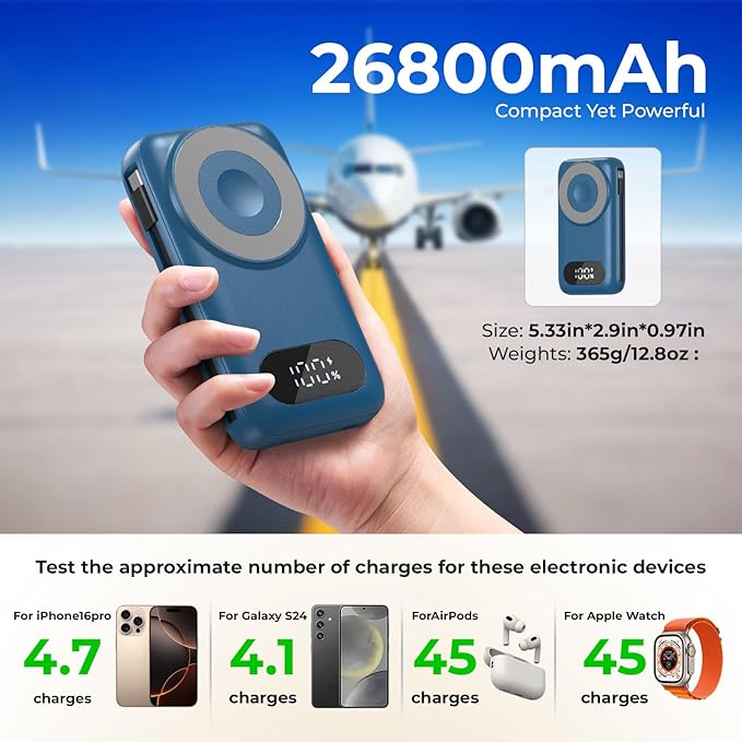 Magnetic Portable Charger 26800mAh for iPhone 16/15/14/13/12 with Built-in Cables，6-in-1 Wireless Power Bank with iWatch Charger and Compatible with Samsung, Android Phones, AirPods(Blue)