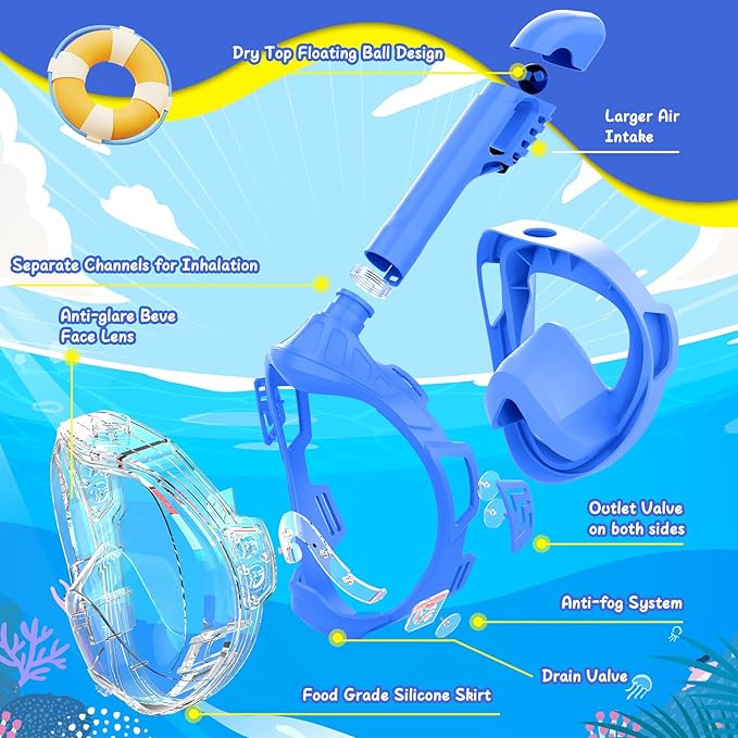 Kids Full Face Snorkel Mask, Snorkeling Gear for Kids, Kids Scuba Mask and Snorkel, Diving Mask, Snorkeling Set, 180 Degree Panoramic View Anti-Fog Anti-Leak