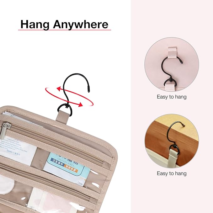 BAGSMART Toiletry Bag Hanging Travel Makeup Organizer with TSA Approved Transparent Cosmetic Bag Makeup Bag for Full Sized Toiletries, Medium-Pink