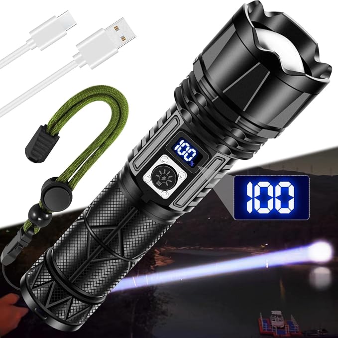 Rechargeable LED Flashlight 10000 Lumen, Super Bright Flashlight with Digital Power Display and Zoomble, Flashlights High Lumens Rechargeable for Camping, Outdoor
