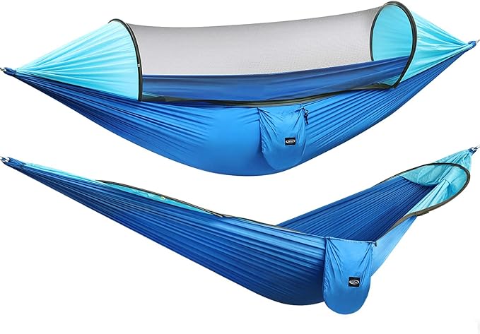 G4Free Large Camping Hammock with Mosquito Net 2 Person Pop-up Parachute Lightweight Hanging Hammocks Tree Straps Swing Bed for Outdoor Backpacking Backyard Hiking