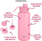 32 Oz Water Bottle with Straw Stainless Steel Sports Water Bottle with 3 Lids (Straw, Chug & Flip Lid) 1 Liter Leak Proof Insulated Metal Jug for Men & Women - Pink