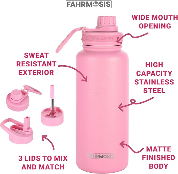 32 Oz Water Bottle with Straw Stainless Steel Sports Water Bottle with 3 Lids (Straw, Chug & Flip Lid) 1 Liter Leak Proof Insulated Metal Jug for Men & Women - Pink