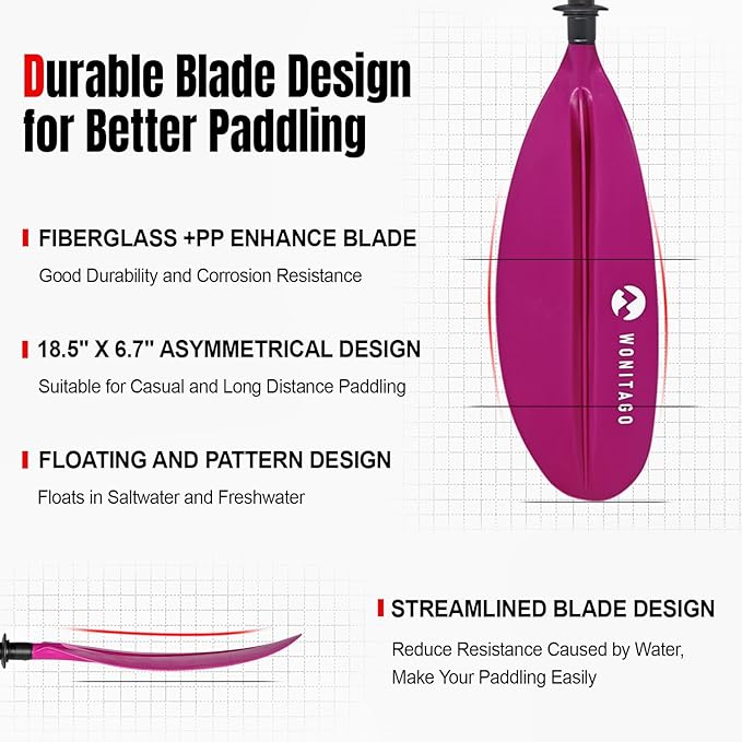 Kayak Paddles with Fiberglass Shaft and Reinforced PP Blade, Floating Adjustable Kayaking Oars, 3 Piece, 220-240 cm/86-94 Inches, 240-260 cm/94-102 Inches