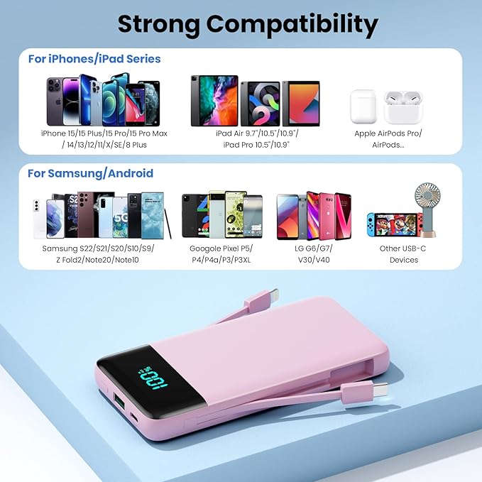 YHO Portable Charger 13800mAh for iPhone with Built-in Cables & AC Wall Plug,5-in-1 USB-C Power Bank,LCD Display External Battery Pack Phone Charger Compatible with iPhone 16/15/14,Android (Pink)