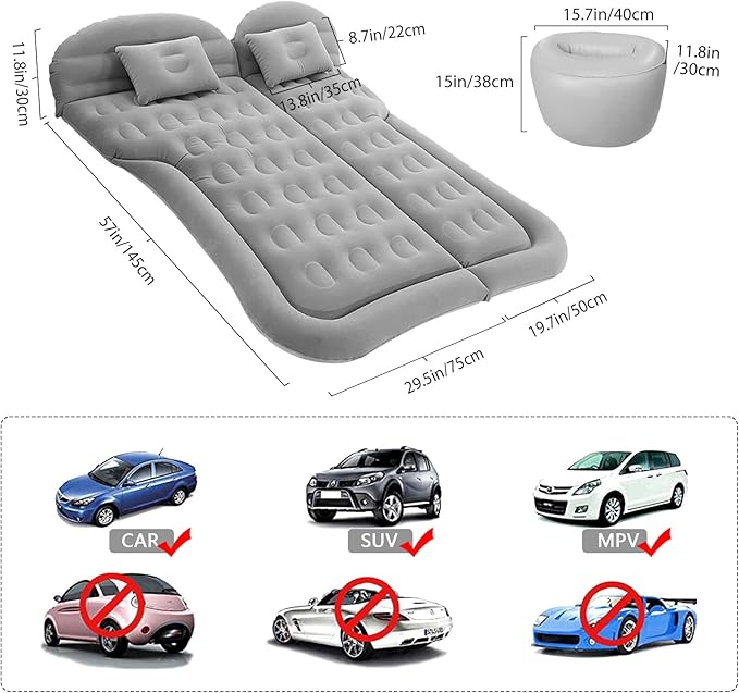 ISWEES Car Bed SUV Air Mattress, Car Air Mattress with Home Power Adapter, Electric Pump, 2 Inflatable Pillows and 2 Footrests for Back Seat, Side Seat,Trunk Sleeping, Thickened Camping Bed - Grey