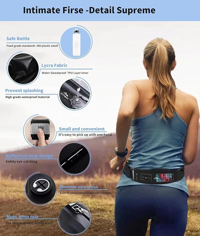 SENIKO Running Belt Hydration with Bottles,Fanny Pack Water Bottle Holder, Zipper Waist Pouch Fits Most phones,Zerobounce Design for Cycling Climbing Marathon (Watter Bottle Included)