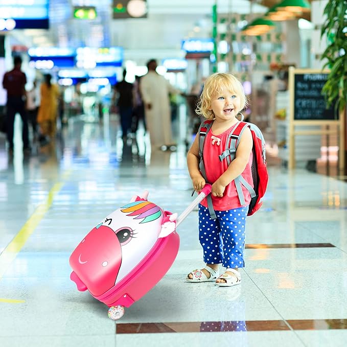 Goplus Kids Luggage, 16’’ Carry on Suitcase with LED Wheels, Waterproof Hard Shell, Lightweight Rolling Luggage for Travel, Birthday Christmas Gifts for Toddlers, Children, Boys, Girls (Pink)