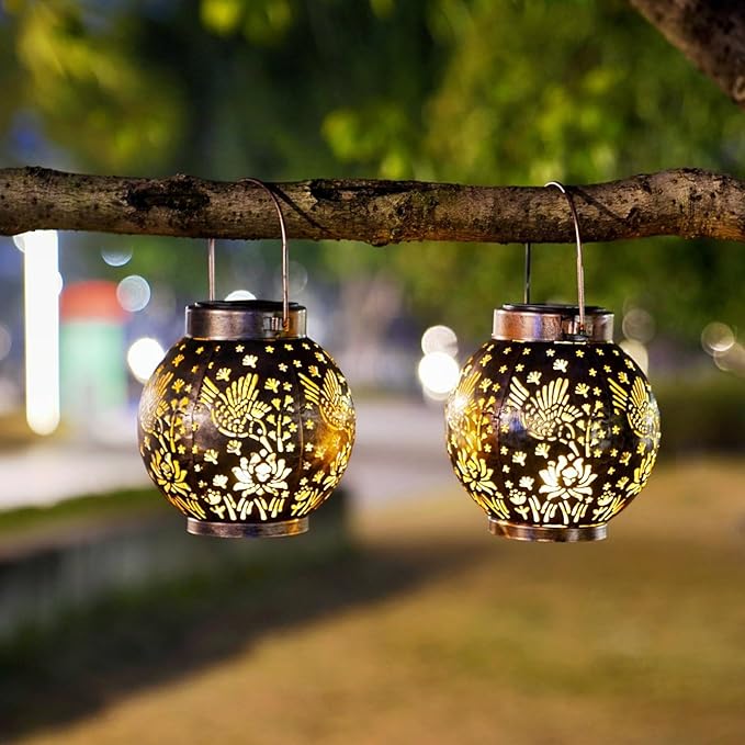 Outdoor Solar Hanging Lantern Lights Metal LED Decorative Lamp for Garden Patio Courtyard Lawn and Table with Hollowed-Out Design (Bronze Hummingbird)