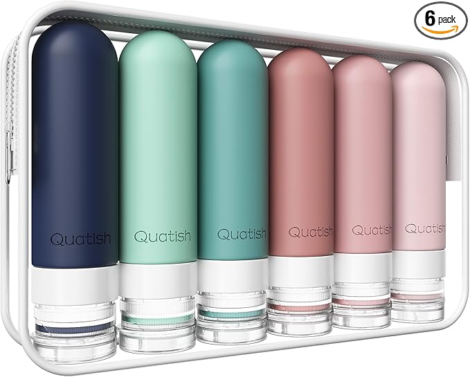 Quatish Travel Bottles for Toiletries 6 Pack, Original Patented Leakproof 3 oz Tsa Approved Travel Size Containers, BPA Free Silicone Shampoo and Conditioner Bottle, Cruise Camping Essentials, Morandi