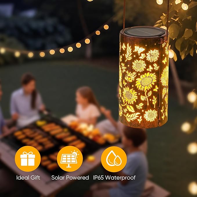 Homemory Sunflower Solar Lanterns Lights Outdoor Waterproof, Hollowed-Out Metal Decor Lantern, Gifts for Women, LED Solar Lights Metal Decoration Outside for Yard, Patio, Backyard, Porch, Lawn