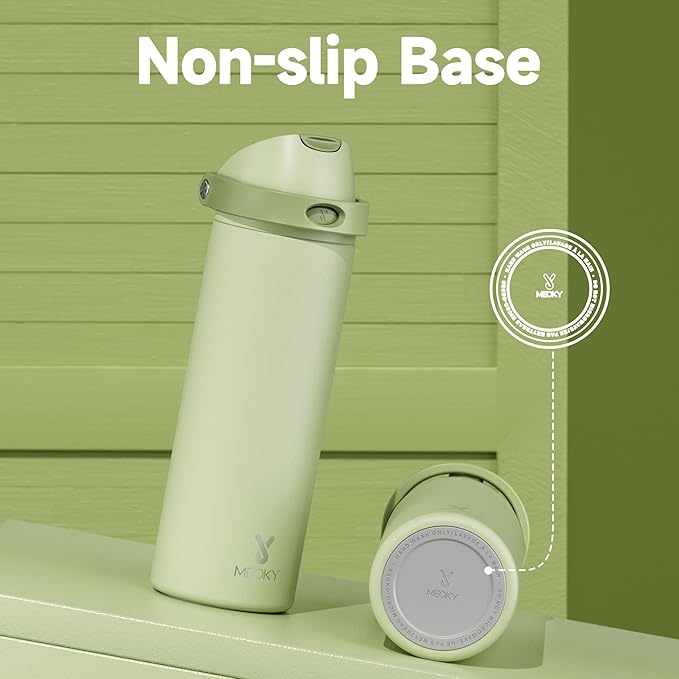 24 oz Insulated Water Bottle with Straw: Meoky Stainless Steel Metal Water Bottle with 2-in-1 Lid - Leak Proof, Cold for 24 Hours, Protective Silicone Base, BPA-Free for Sports Travel Car, Sage