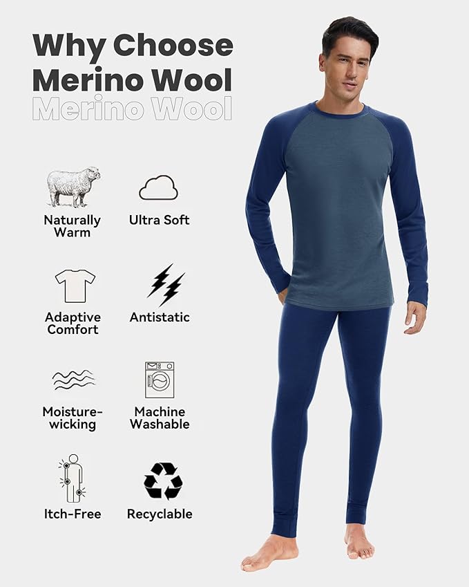 Men's 100% Merino Wool Base Layer Sets Lightweight Active Base Layer for Ski