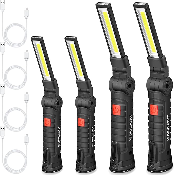 Honoson 4 Pieces LED Work Light Cob Rechargeable Work Flashlight with Magnetic Base, Hanging Hook and 360° Rotate 5 Modes Portable LED Flashlight for Car Repair, Household and Outdoor(Small, Large)