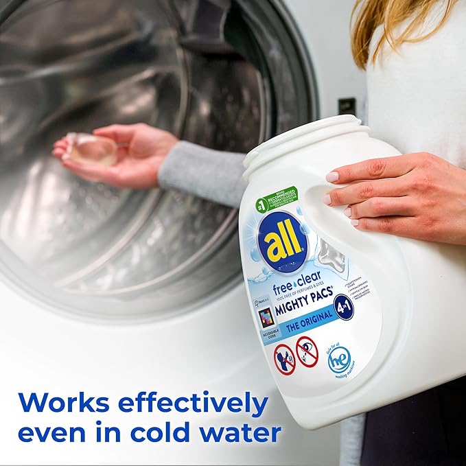 All Mighty Pacs Laundry Detergent, Free Clear for Sensitive Skin, Tub, 60 Count
