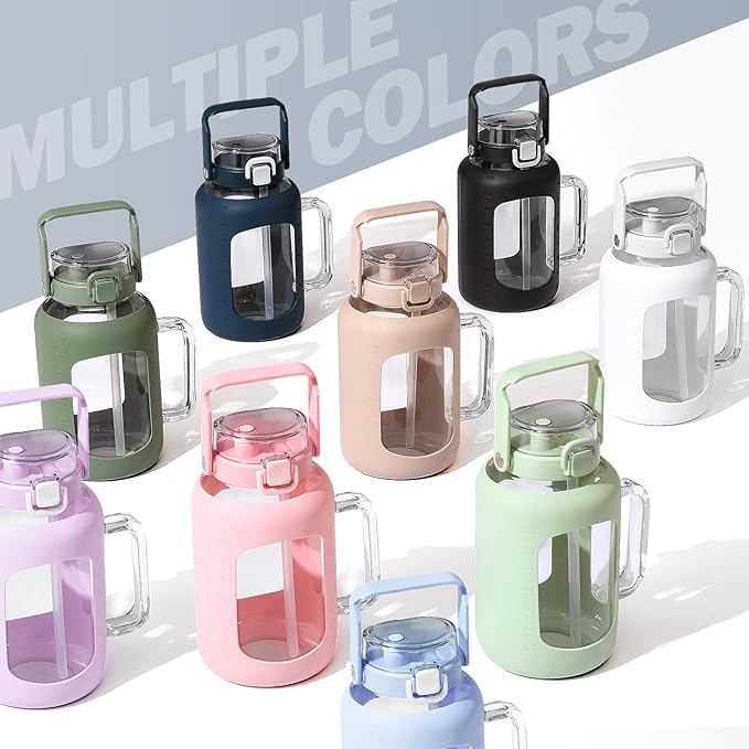 BLUEGO 64 oz Glass Water Bottle with Straw, Tumbler, Half Gallon, BPA Free, Light Blue, Sports, Daily Use, Travel, Hiking, Running, Cycling, Fitness