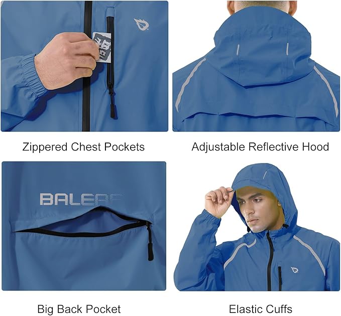 baleaf Men's Rain Jacket Waterproof Windbreaker Raincoat Running Cycling Hiking Gear Hood Lightweight Reflective Packable