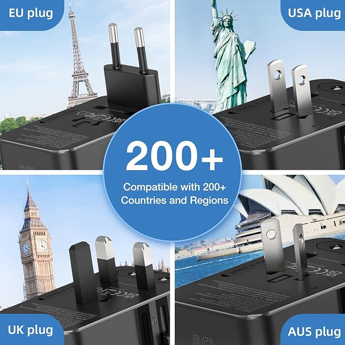 45W Universal Travel Adapter – Compact Plug with 3 USB-C & 2 USB-A Ports for EU/UK/US/AU, International Power Adapter Worldwide Charger, CE/FCC/RoHS Certified (Black)