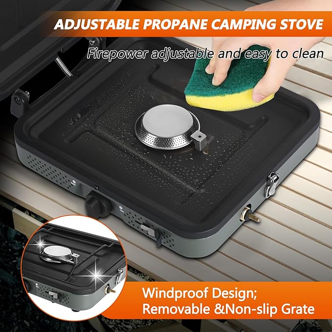 2 Burner Propane Camping Stove with Grill and Carrying Bag, Portable Folding Camp Stove with 17,000 BTU Adjustable Burners for Backpacking, Picnics, Outdoor Cooking