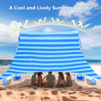 2PM SPORTS Beach Tent Canopy with UPF50+ UV Protection, Outdoor Large Beach Sun Shade Shelter for Family Picnic Camping Travel Shore Fishing, 8 Sandbags, Sand Shovel (Striped Blue, 8x8 FT)