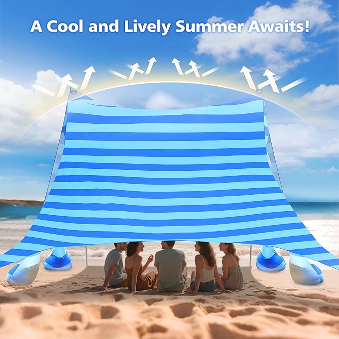 2PM SPORTS Beach Tent Canopy with UPF50+ UV Protection, Outdoor Large Beach Sun Shade Shelter for Family Picnic Camping Travel Shore Fishing, 8 Sandbags, Sand Shovel (Striped Blue, 8x8 FT)